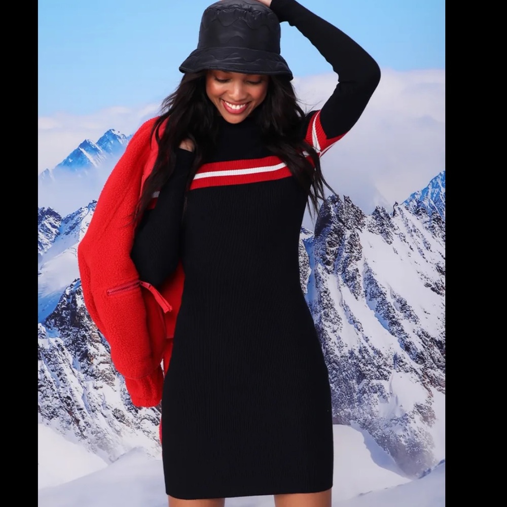 Lulus Black Turtleneck Striped Dress